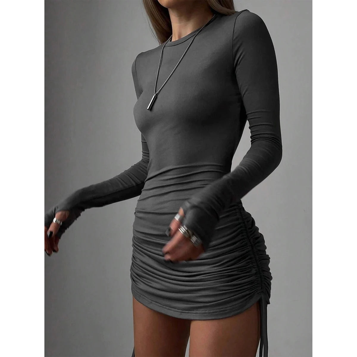Plain Drawstring Ruched Long Sleeve Crew Neck