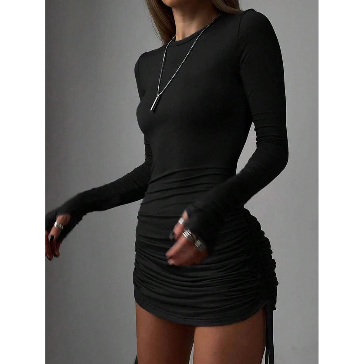 Plain Drawstring Ruched Long Sleeve Crew Neck