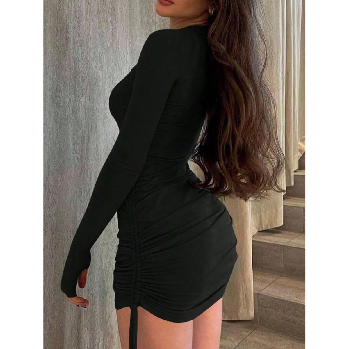 Plain Drawstring Ruched Long Sleeve Crew Neck